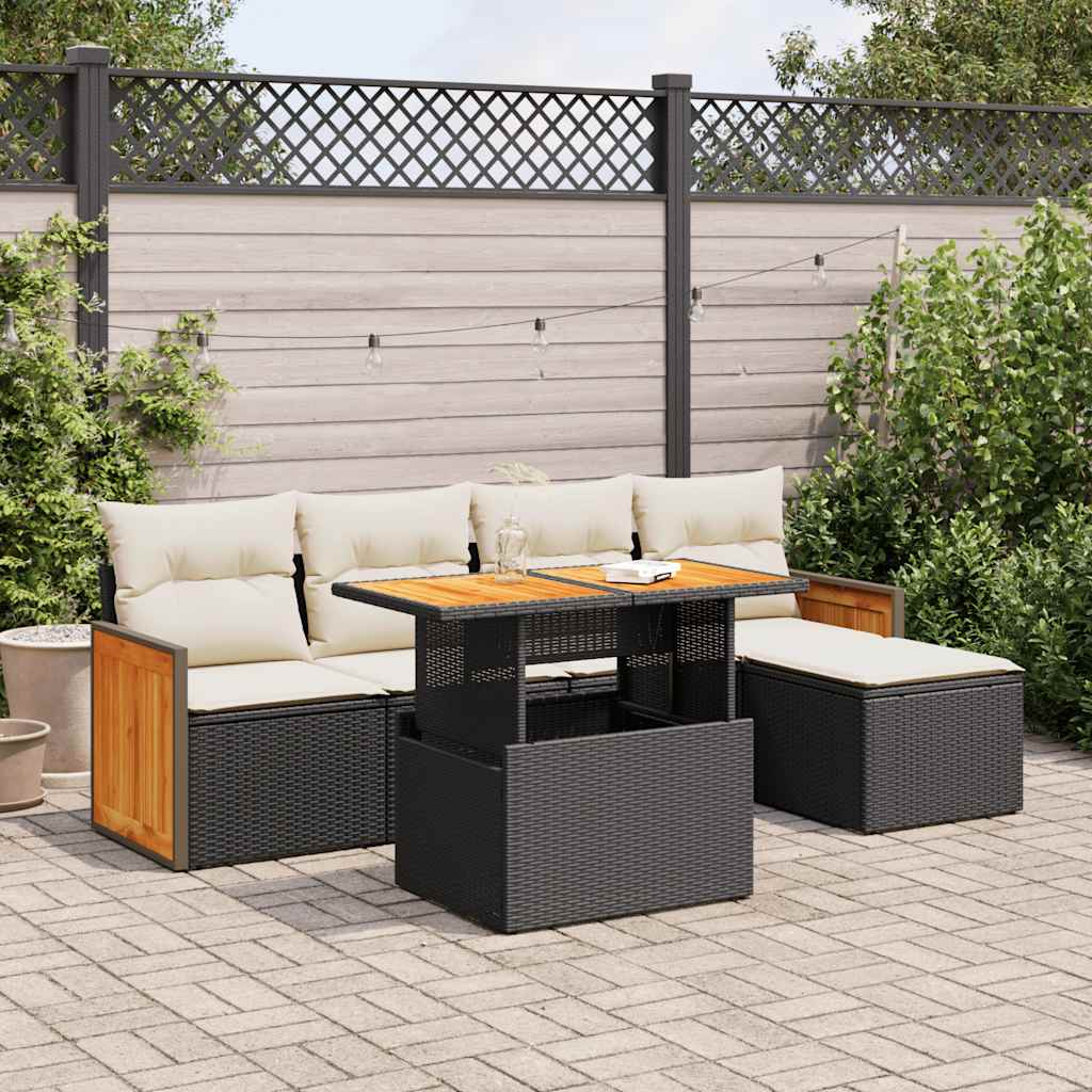 6-delige Loungeset met kussens poly rattan acacia zwart is nu te koop bij PeponiXL, paradijselijk wonen!
