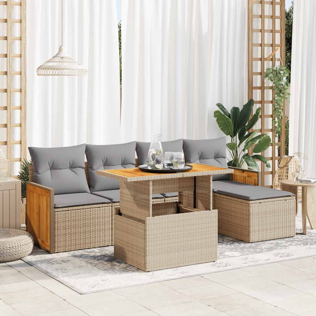 6-delige Loungeset met kussens poly rattan acacia beige is nu te koop bij PeponiXL, paradijselijk wonen!