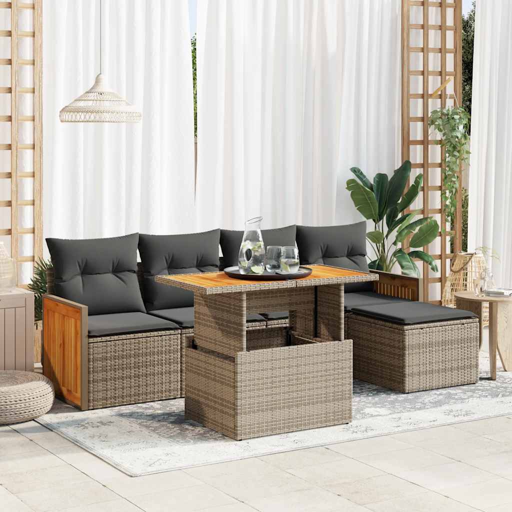 6-delige Loungeset met kussens poly rattan acacia grijs is nu te koop bij PeponiXL, paradijselijk wonen!