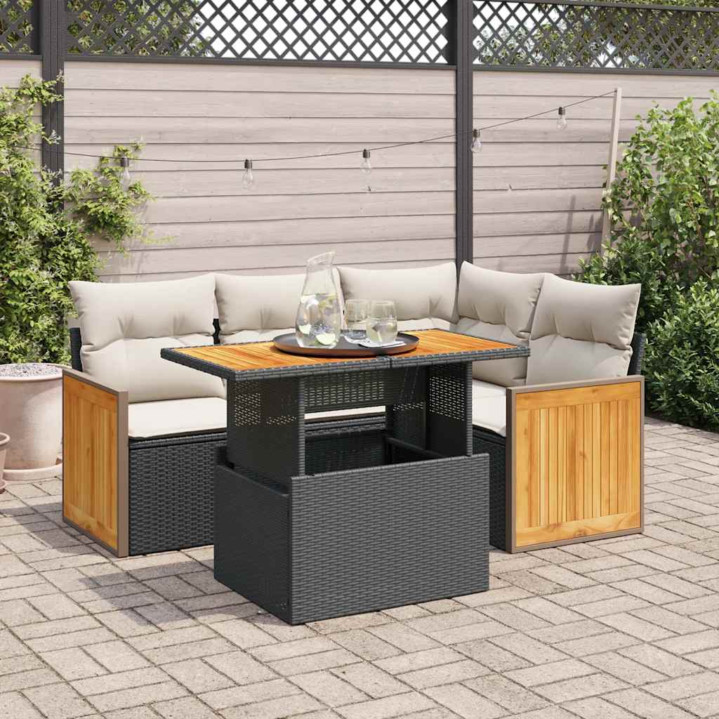 5-delige Loungeset met kussens poly rattan acacia zwart is nu te koop bij PeponiXL, paradijselijk wonen!