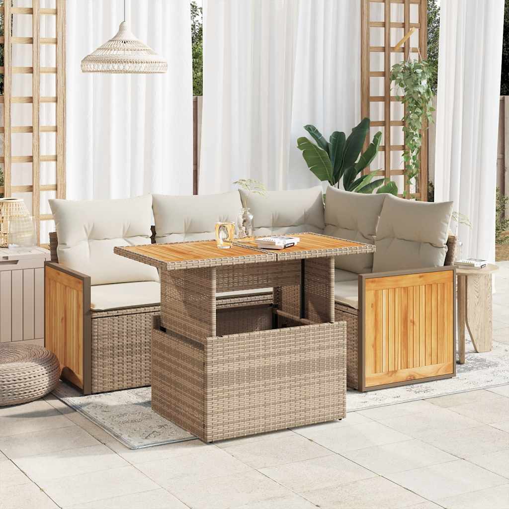 5-delige Loungeset met kussens poly rattan en acaciahout beige is nu te koop bij PeponiXL, paradijselijk wonen!