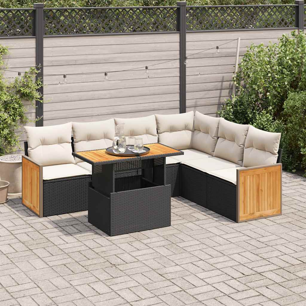 7-delige Loungeset met kussens poly rattan acacia zwart is nu te koop bij PeponiXL, paradijselijk wonen!