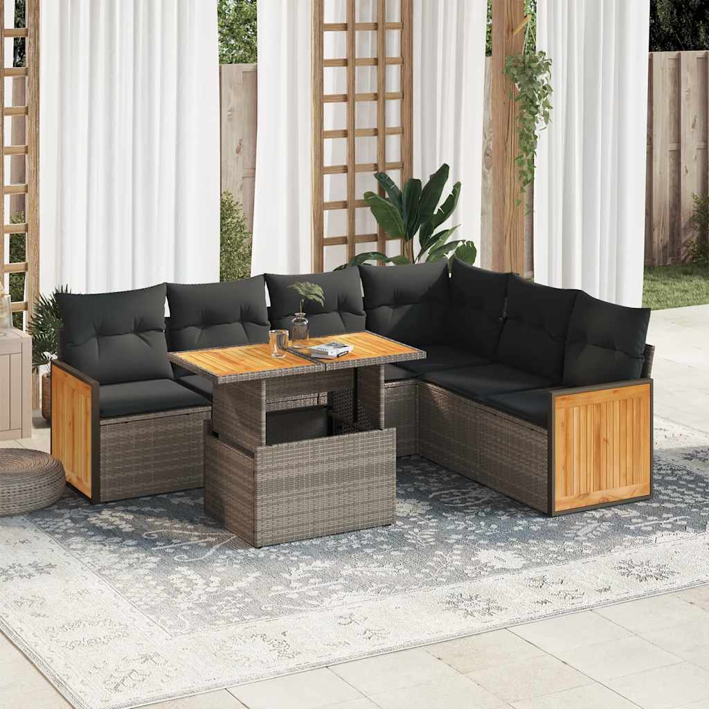 7-delige Loungeset met kussens poly rattan acacia grijs is nu te koop bij PeponiXL, paradijselijk wonen!