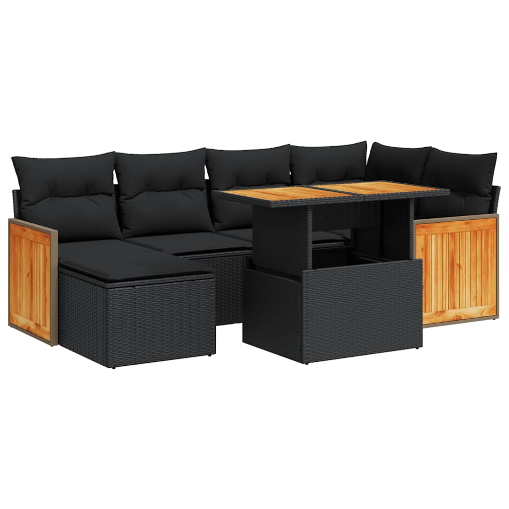 7-delige Loungeset met kussens poly rattan acacia zwart is nu te koop bij PeponiXL, paradijselijk wonen!