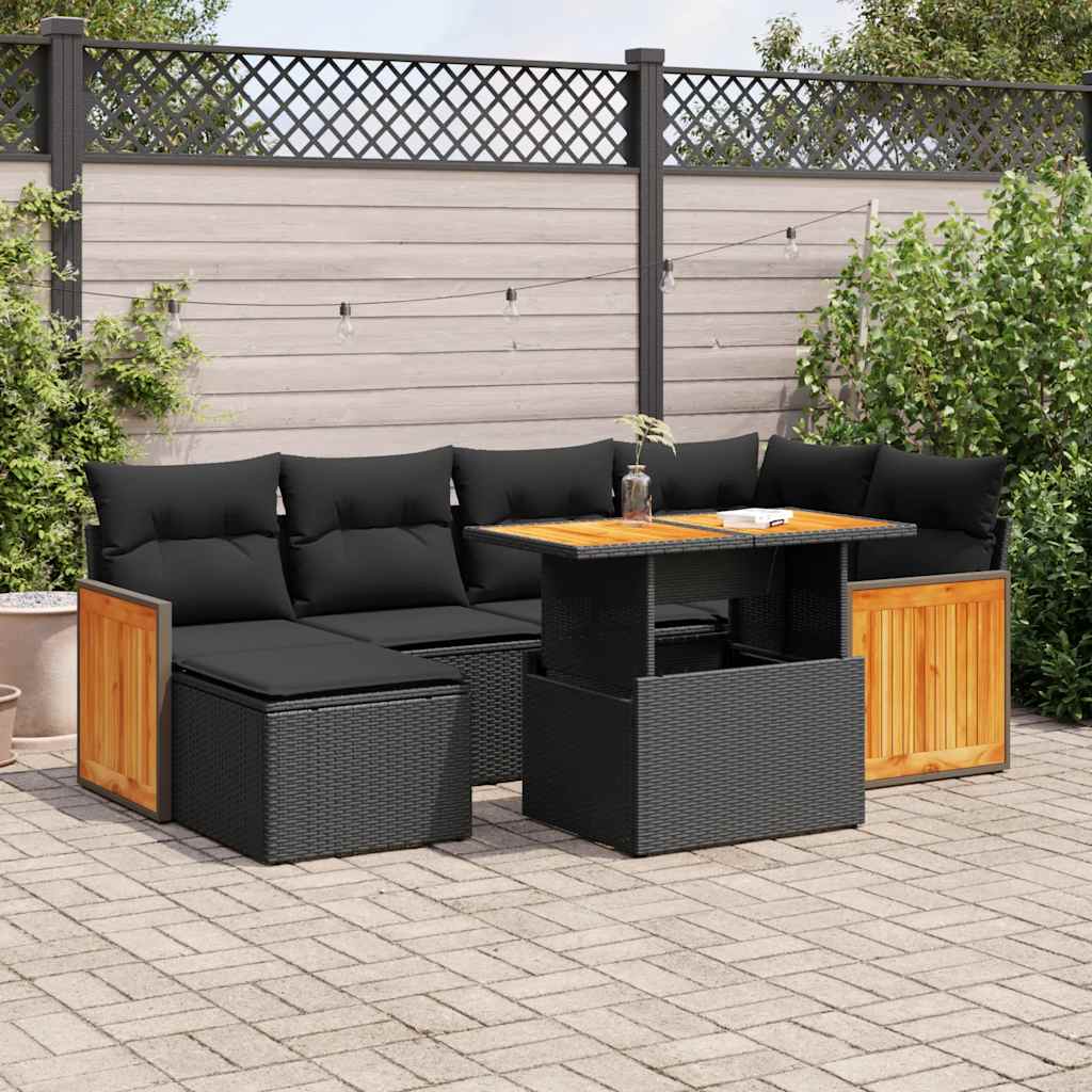 7-delige Loungeset met kussens poly rattan acacia zwart is nu te koop bij PeponiXL, paradijselijk wonen!