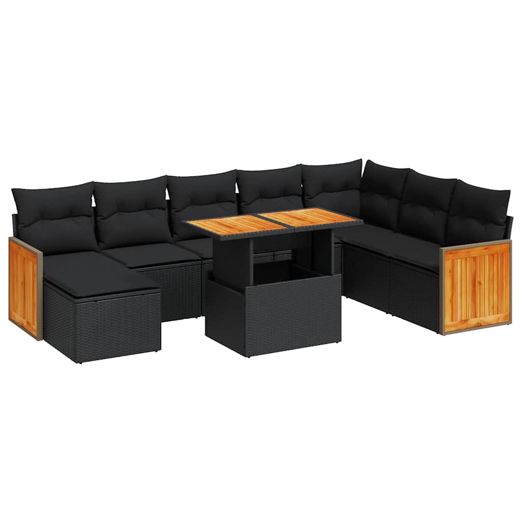 9-delige Loungeset met kussens poly rattan acacia zwart is nu te koop bij PeponiXL, paradijselijk wonen!