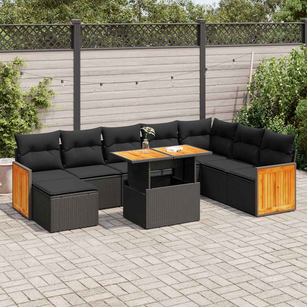 9-delige Loungeset met kussens poly rattan acacia zwart is nu te koop bij PeponiXL, paradijselijk wonen!