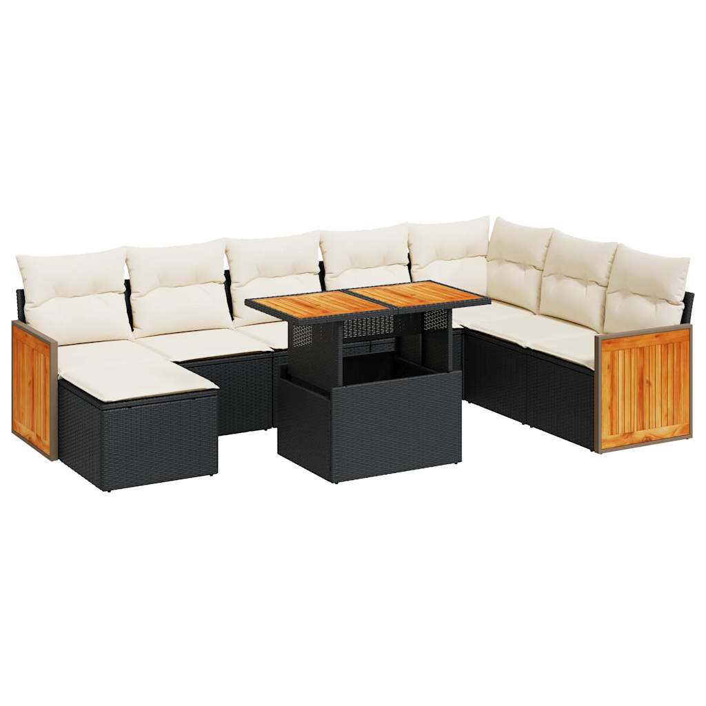 9-delige Loungeset met kussens poly rattan acacia zwart is nu te koop bij PeponiXL, paradijselijk wonen!