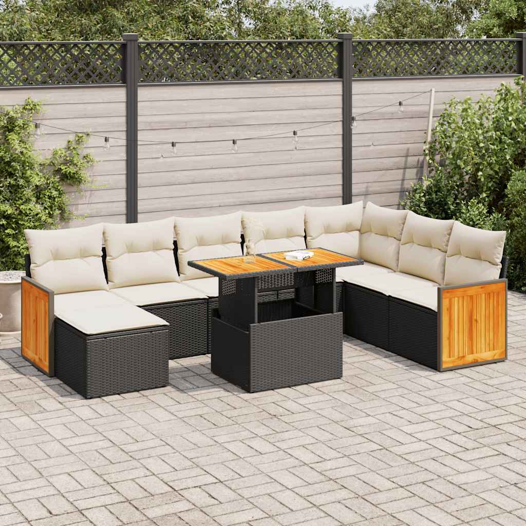 9-delige Loungeset met kussens poly rattan acacia zwart is nu te koop bij PeponiXL, paradijselijk wonen!