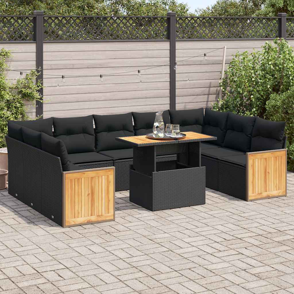 10-delige Loungeset met kussens poly rattan acacia zwart is nu te koop bij PeponiXL, paradijselijk wonen!