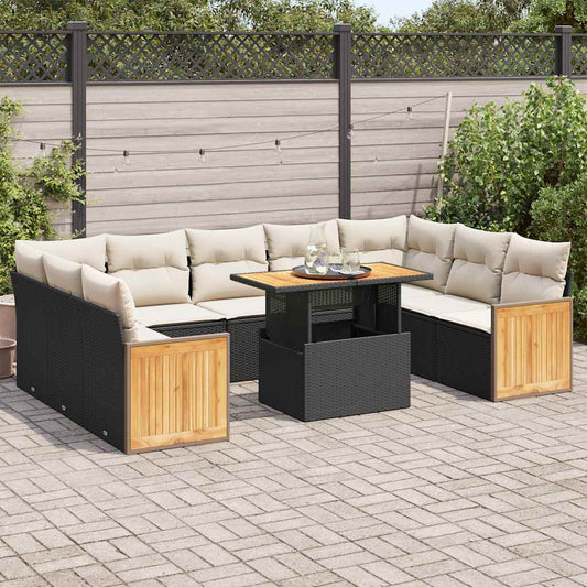10-delige Loungeset met kussens poly rattan acacia zwart is nu te koop bij PeponiXL, paradijselijk wonen!