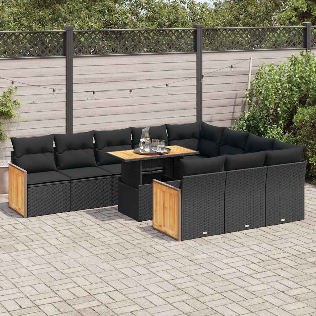 11-delige Loungeset met kussens poly rattan acacia zwart is nu te koop bij PeponiXL, paradijselijk wonen!