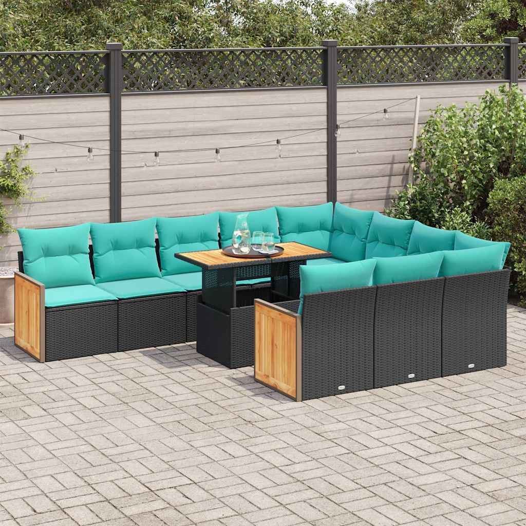 11-delige Loungeset met kussens poly rattan acacia zwart is nu te koop bij PeponiXL, paradijselijk wonen!