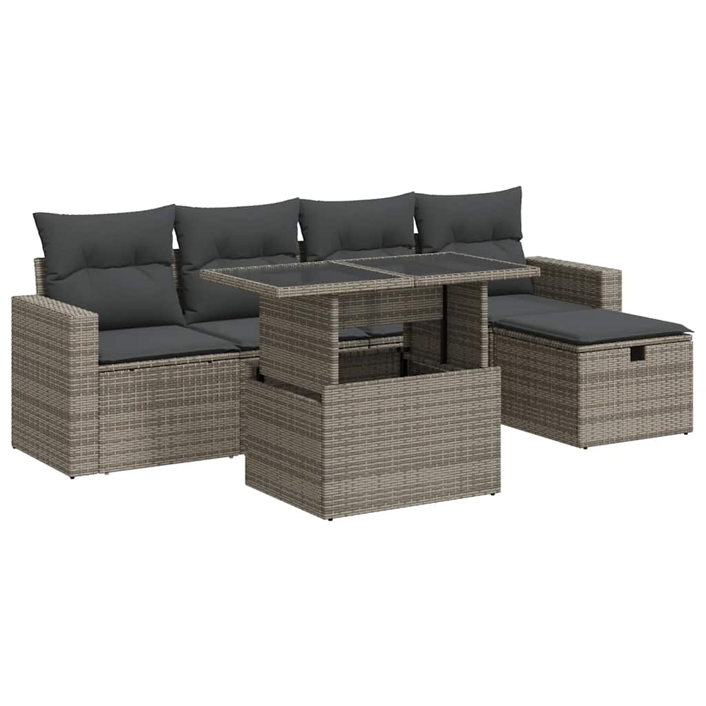 6-delige Loungeset met kussens poly rattan grijs