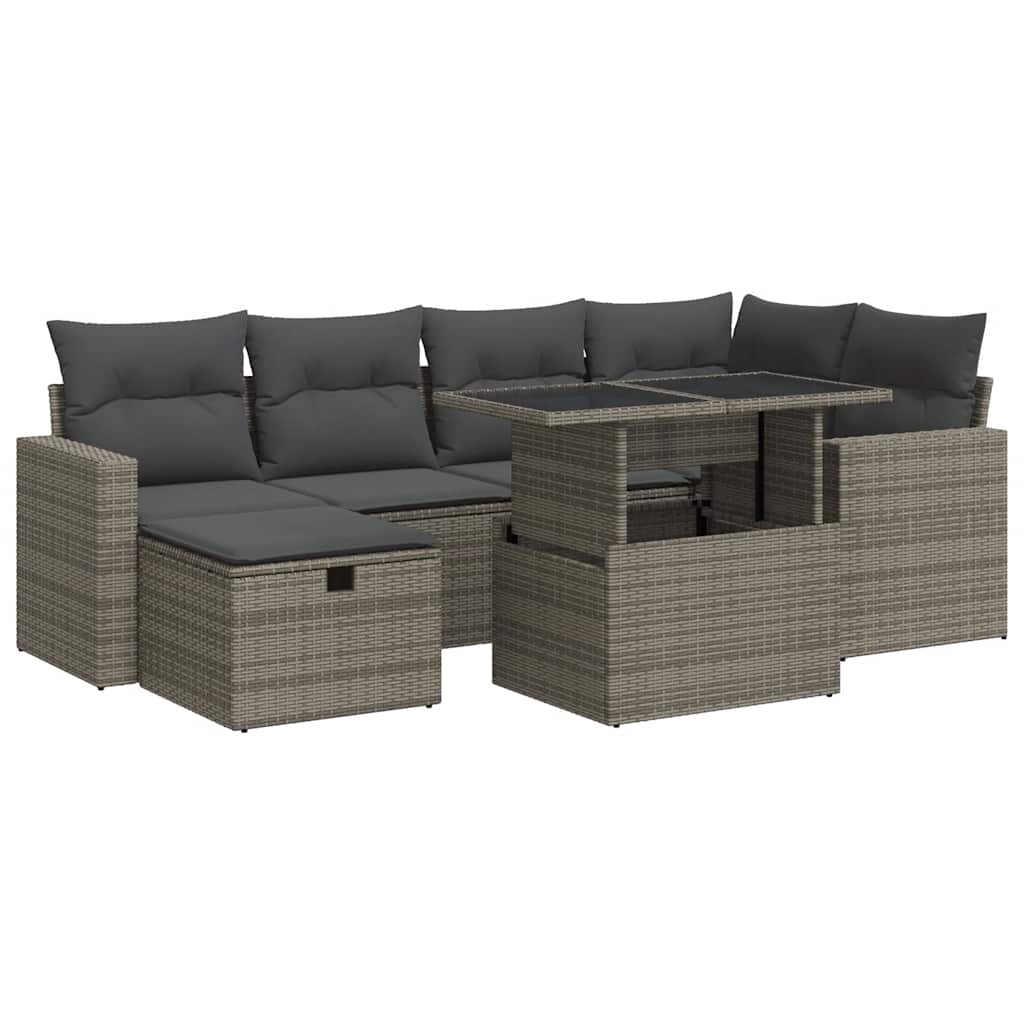 7-delige Loungeset met kussens poly rattan grijs