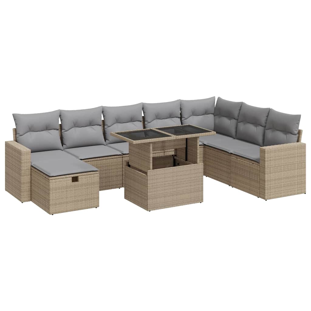 9-delige Loungeset met kussens poly rattan beige