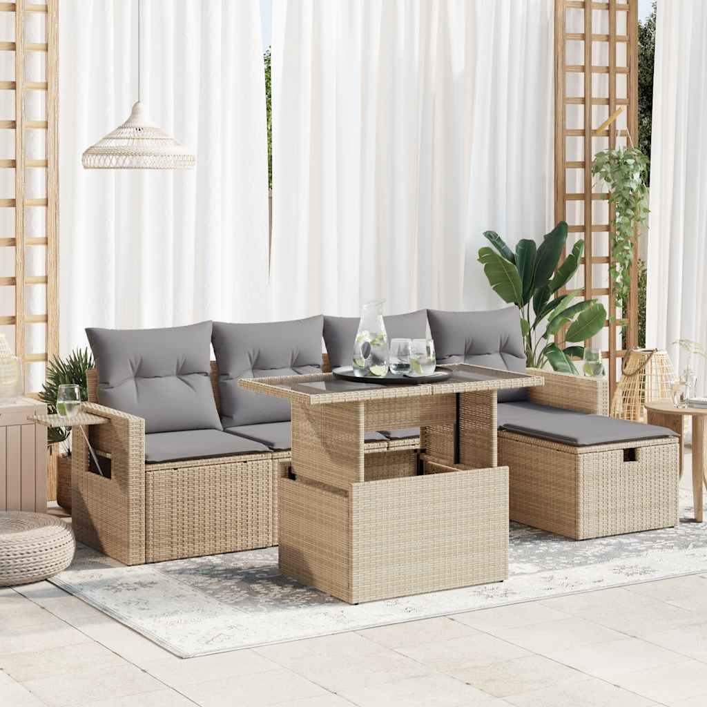 6-delige Loungeset met kussens poly rattan beige