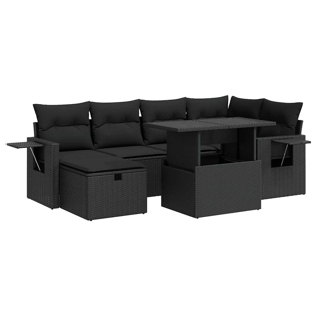 7-delige Loungeset met kussens poly rattan zwart