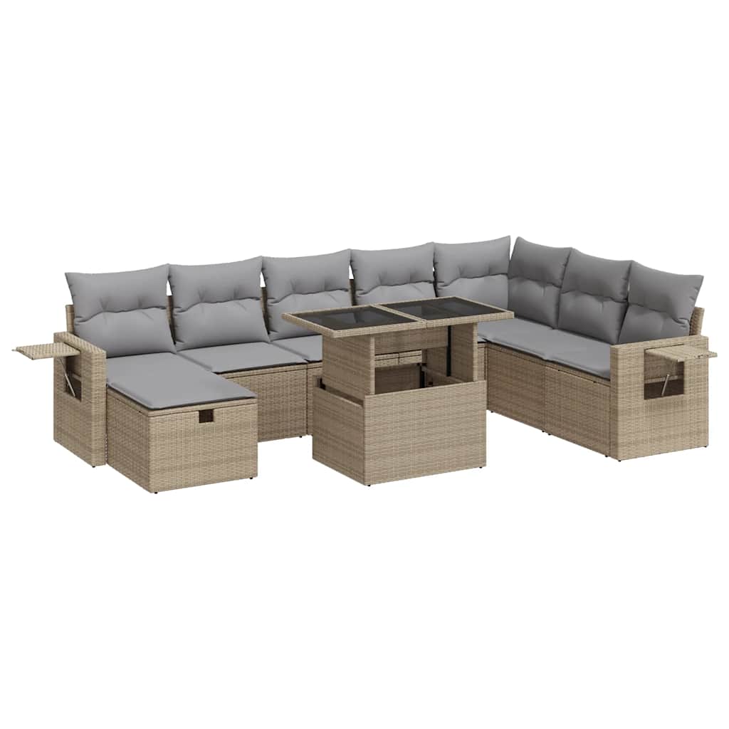 9-delige Loungeset met kussens poly rattan beige