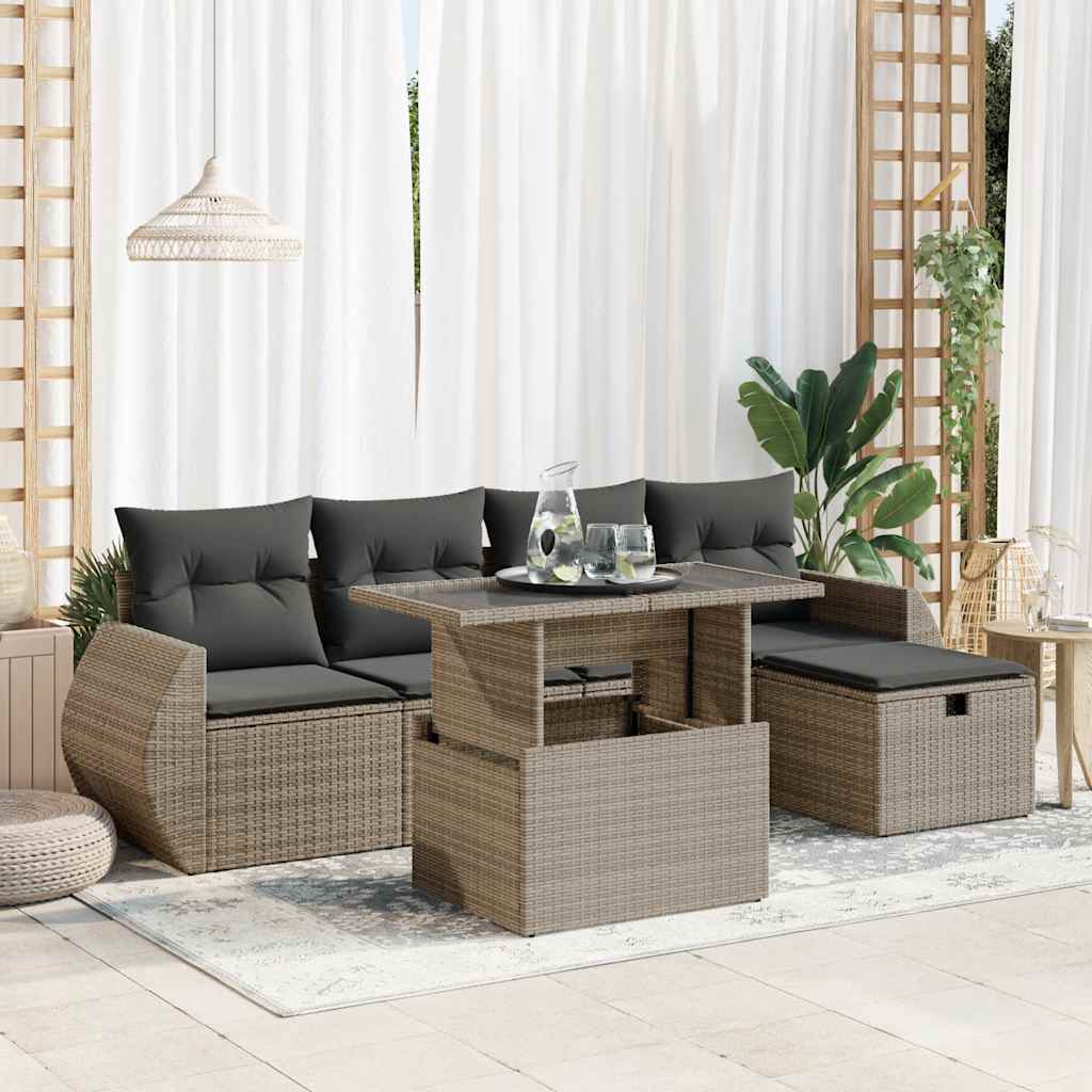 6-delige Loungeset met kussens poly rattan grijs