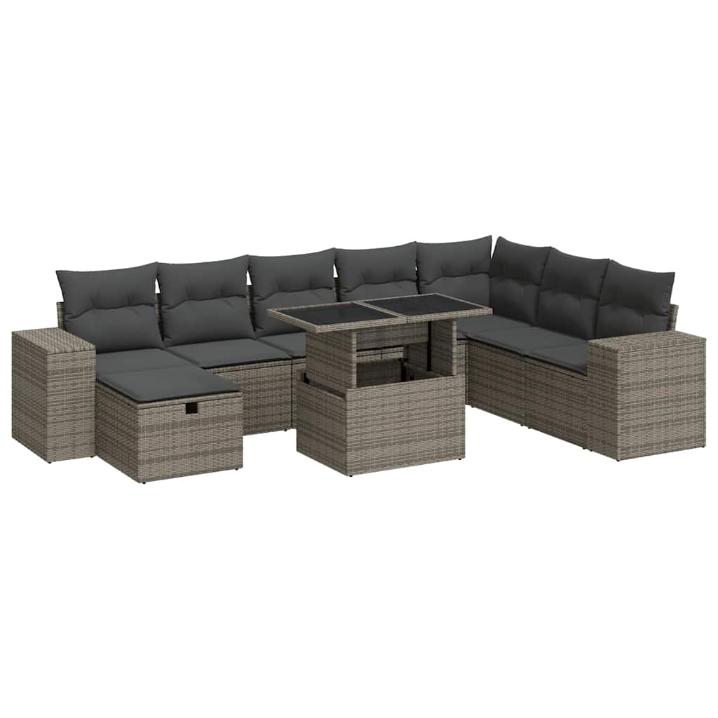 9-delige Loungeset met kussens poly rattan grijs