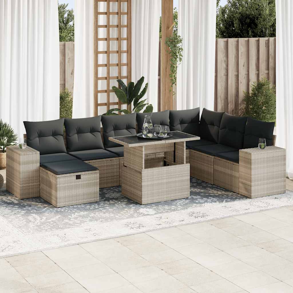 9-delige Loungeset met kussens poly rattan lichtgrijs