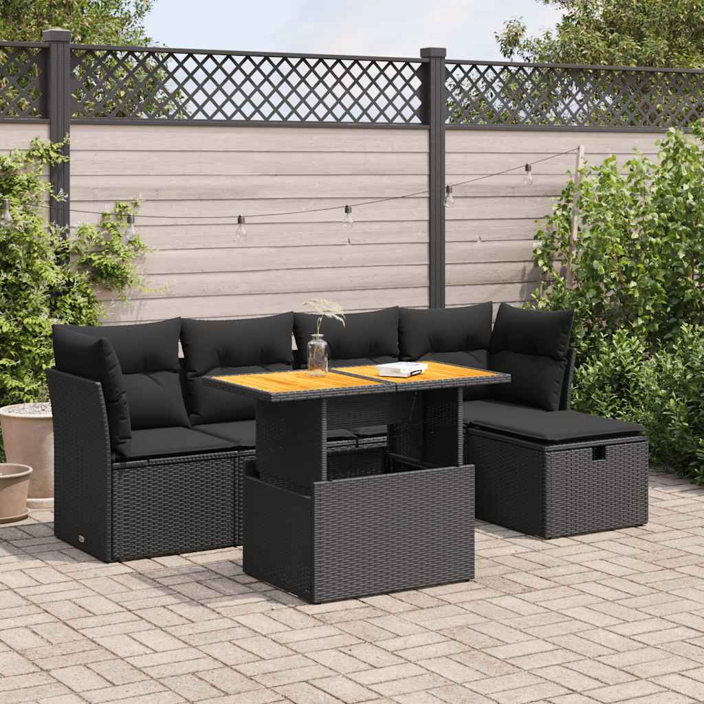 6-delige Loungeset met kussens poly rattan acacia zwart is nu te koop bij PeponiXL, paradijselijk wonen!