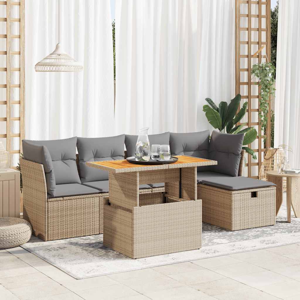 6-delige Loungeset met kussens poly rattan acacia beige