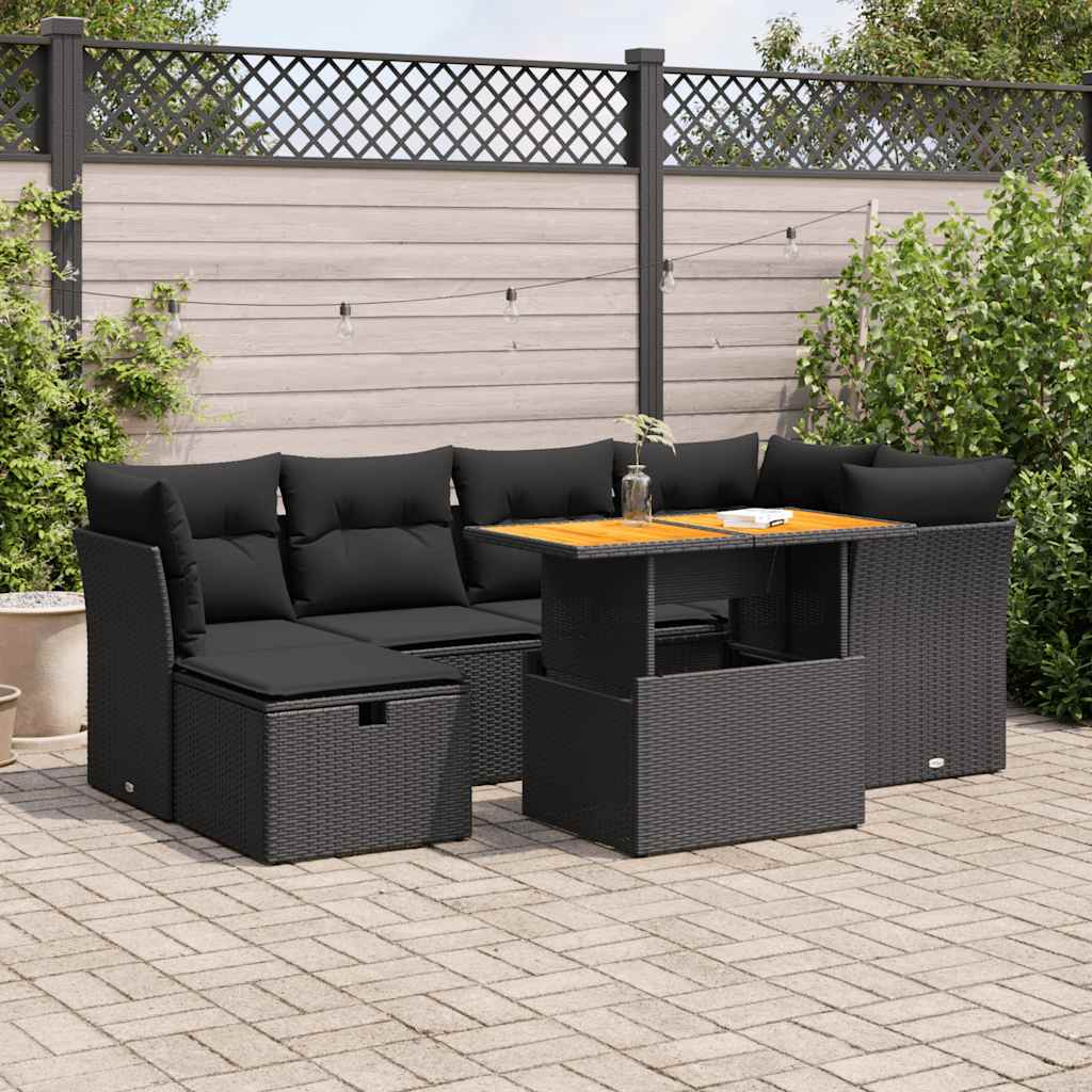 7-delige Loungeset met kussens poly rattan acacia zwart is nu te koop bij PeponiXL, paradijselijk wonen!
