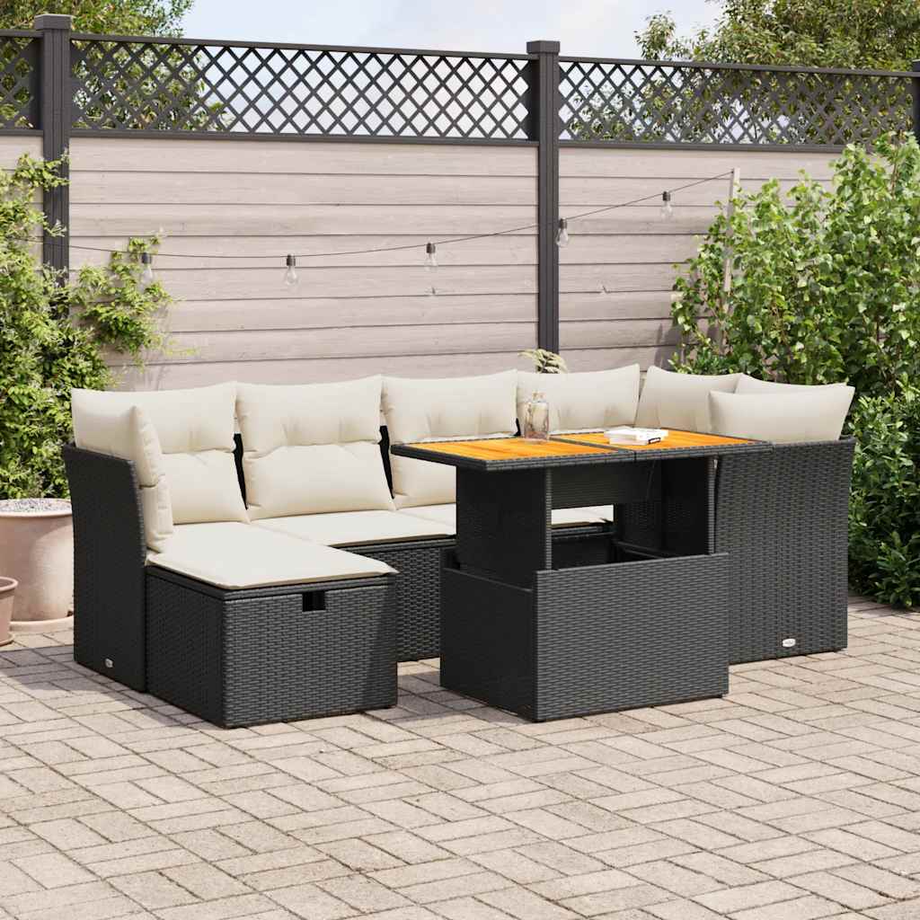 7-delige Loungeset met kussens poly rattan acacia zwart is nu te koop bij PeponiXL, paradijselijk wonen!