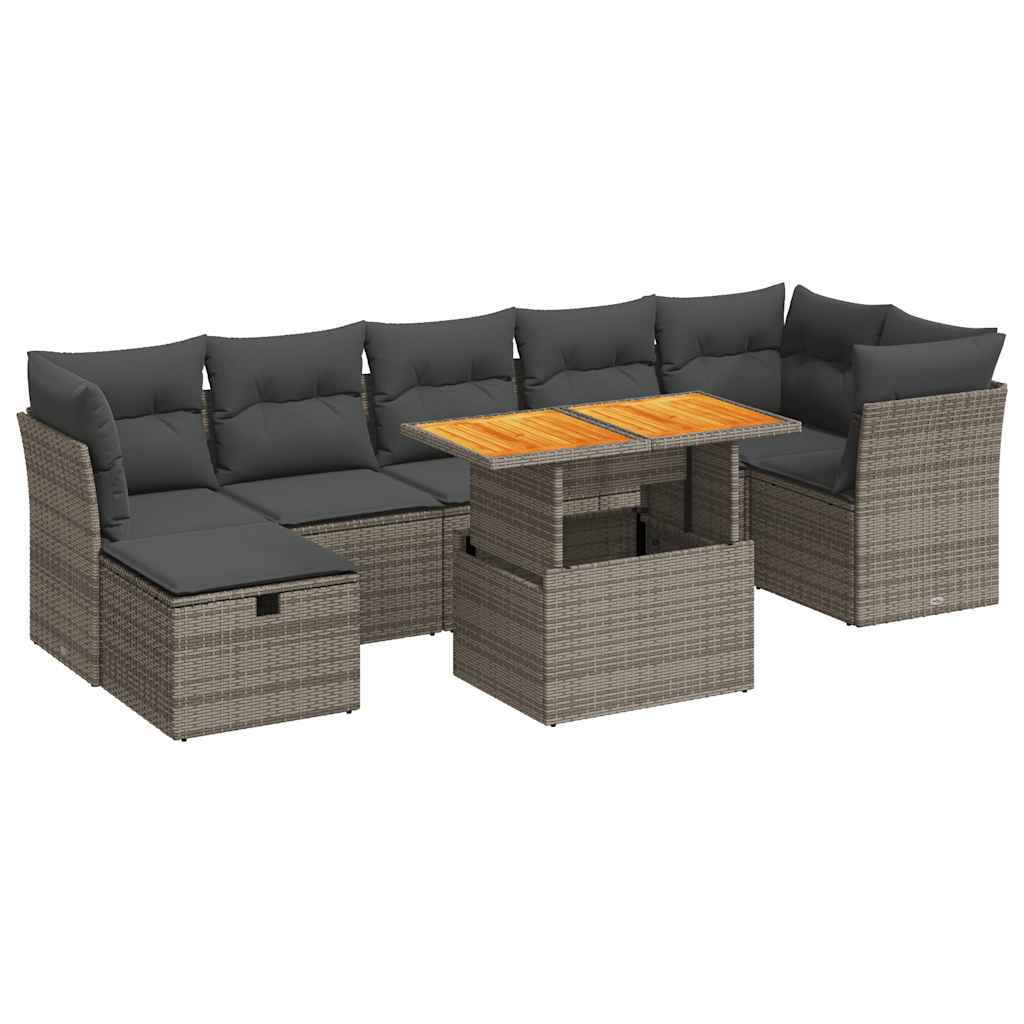 8-delige Loungeset met kussens poly rattan acacia grijs