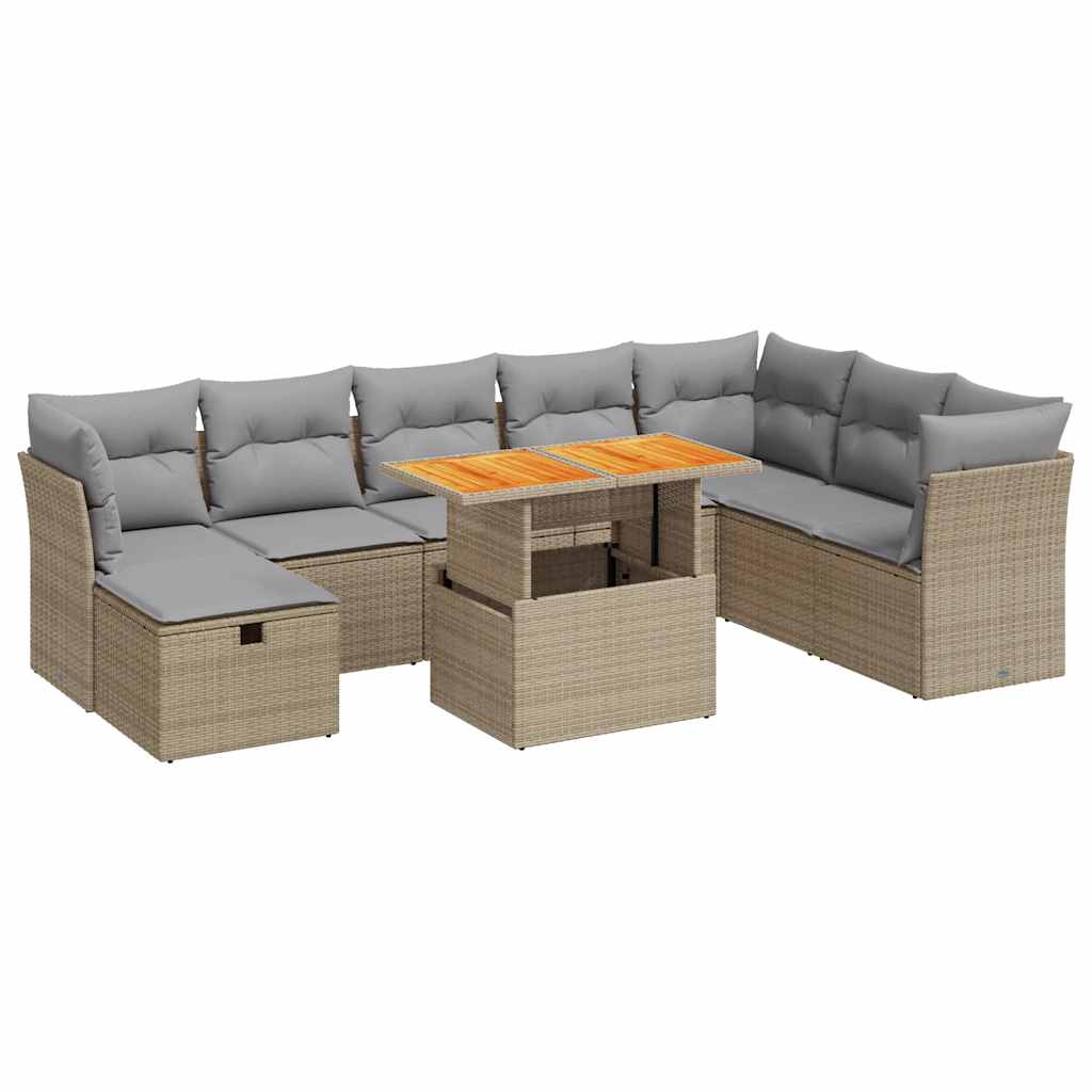 9-delige Loungeset met kussens poly rattan acacia beige
