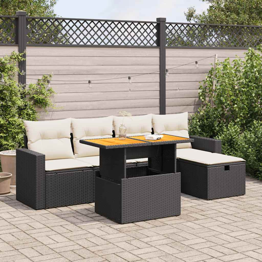 6-delige Loungeset met kussens poly rattan acacia zwart is nu te koop bij PeponiXL, paradijselijk wonen!
