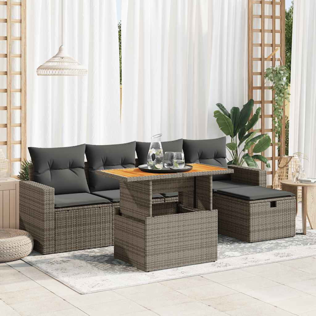 6-delige Loungeset met kussens poly rattan acacia grijs is nu te koop bij PeponiXL, paradijselijk wonen!