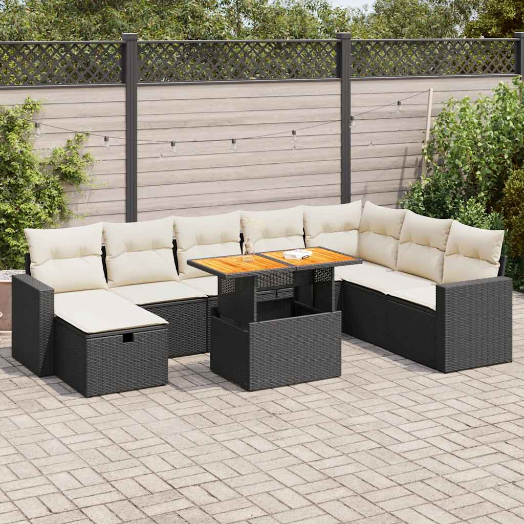 9-delige Loungeset met kussens poly rattan acacia zwart is nu te koop bij PeponiXL, paradijselijk wonen!