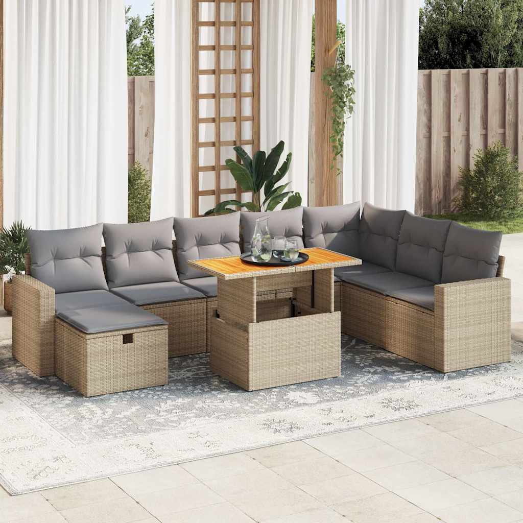 9-delige Loungeset met kussens poly rattan acacia beige