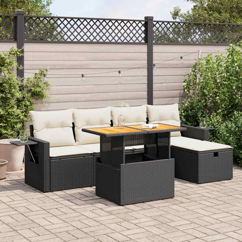 6-delige Loungeset met kussens poly rattan acacia zwart is nu te koop bij PeponiXL, paradijselijk wonen!
