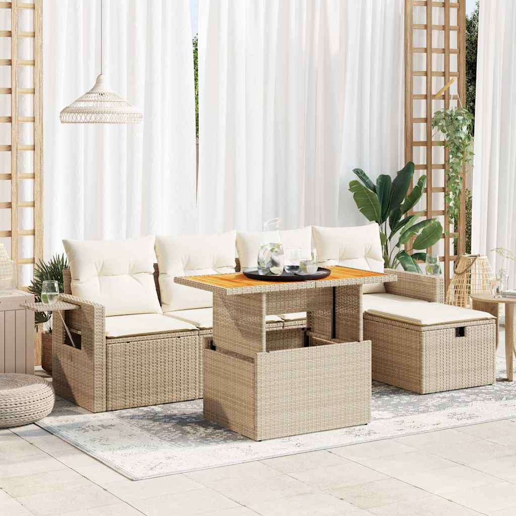 6-delige Loungeset met kussens poly rattan acacia beige is nu te koop bij PeponiXL, paradijselijk wonen!