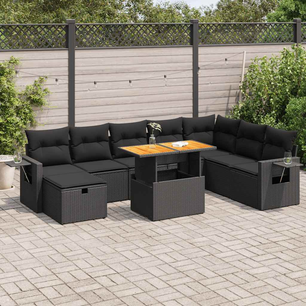 9-delige Loungeset met kussens poly rattan acacia zwart is nu te koop bij PeponiXL, paradijselijk wonen!