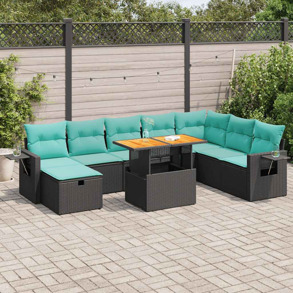 9-delige Loungeset met kussens poly rattan acacia zwart is nu te koop bij PeponiXL, paradijselijk wonen!