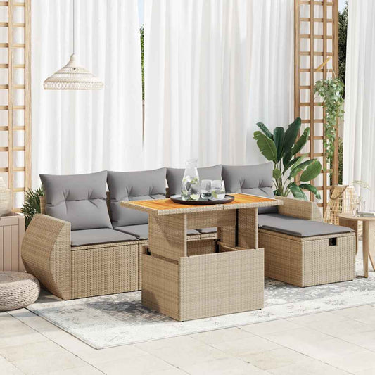6-delige Loungeset met kussens poly rattan acacia beige is nu te koop bij PeponiXL, paradijselijk wonen!