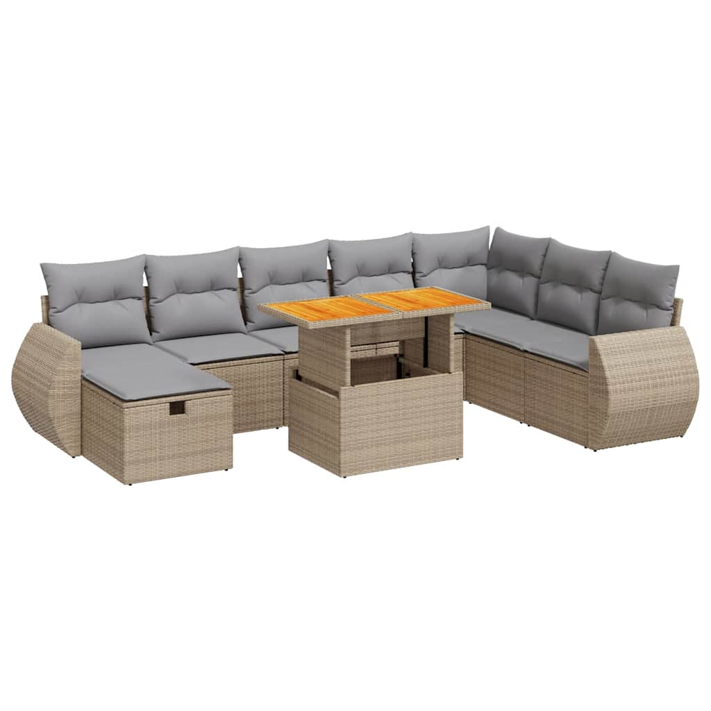 9-delige Loungeset met kussens poly rattan acacia beige