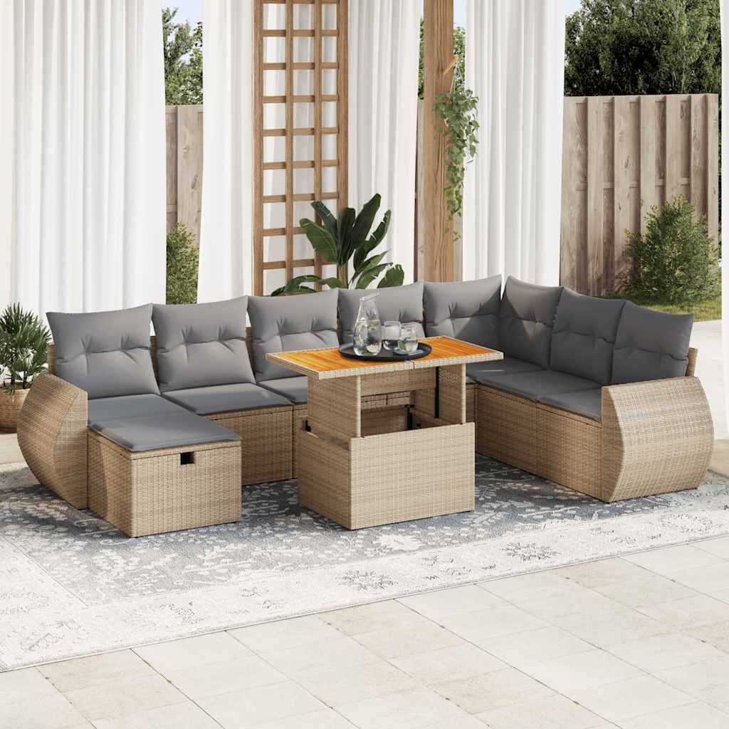 9-delige Loungeset met kussens poly rattan acacia beige