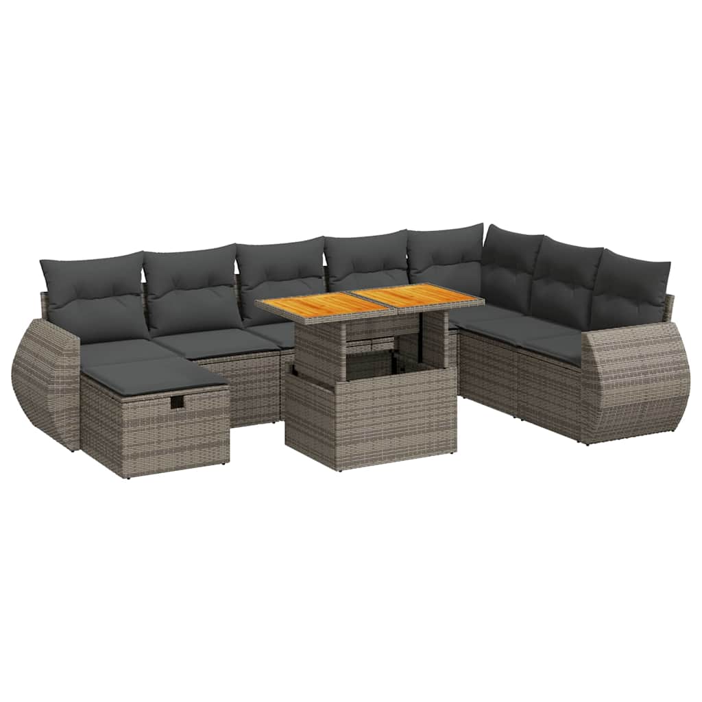 9-delige Loungeset met kussens poly rattan acacia grijs