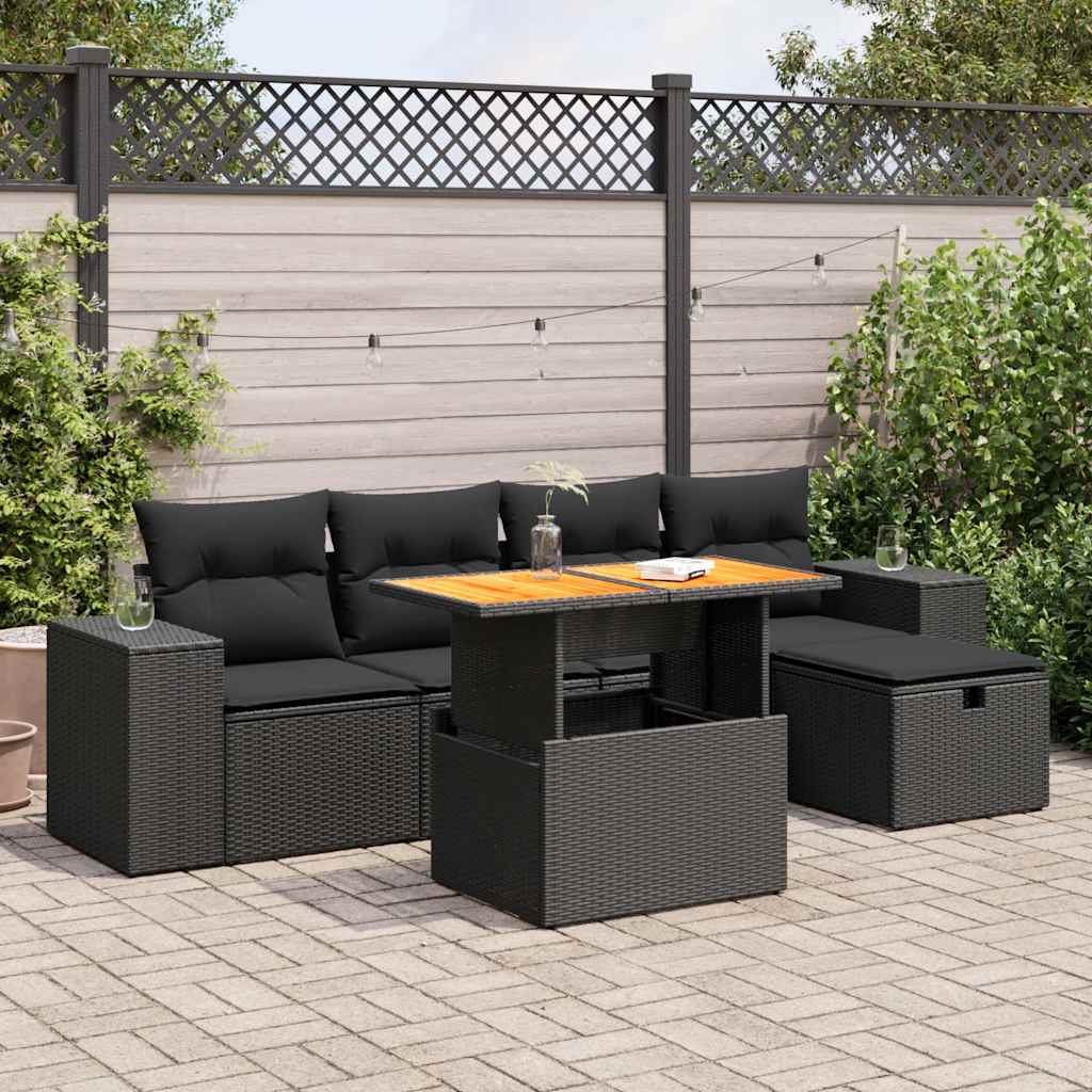 6-delige Loungeset met kussens poly rattan acacia zwart is nu te koop bij PeponiXL, paradijselijk wonen!