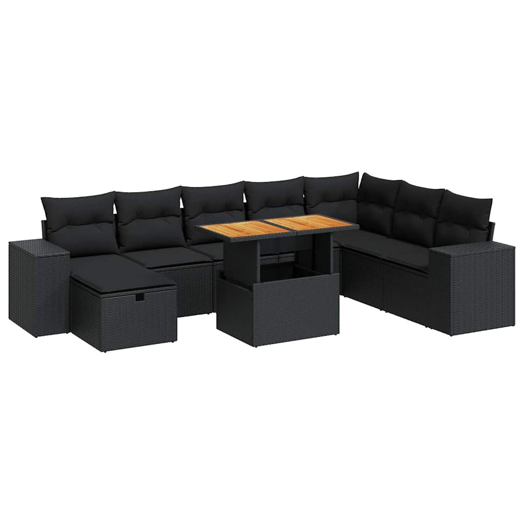 9-delige Loungeset met kussens poly rattan acacia zwart is nu te koop bij PeponiXL, paradijselijk wonen!