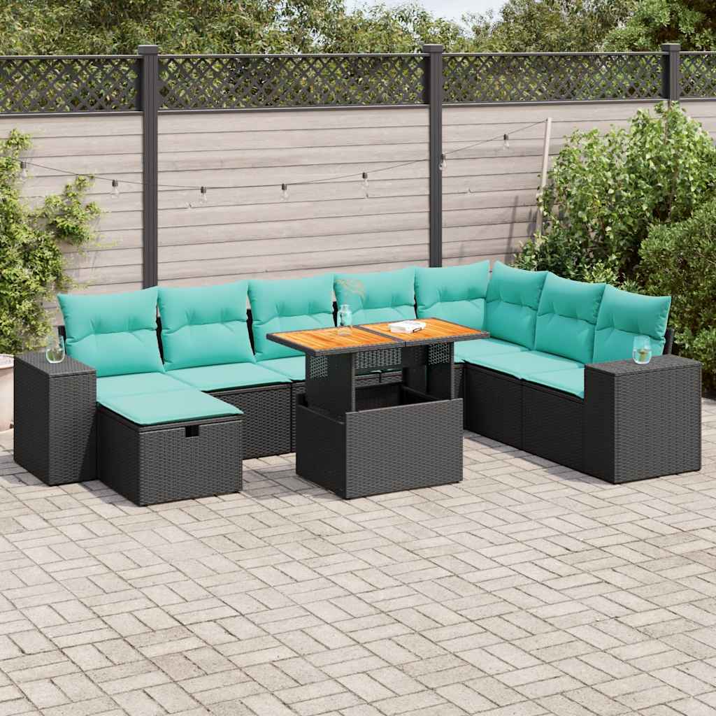 9-delige Loungeset met kussens poly rattan acacia zwart is nu te koop bij PeponiXL, paradijselijk wonen!