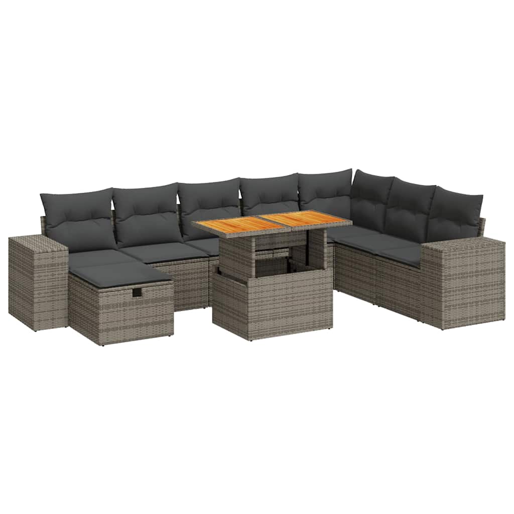 9-delige Loungeset met kussens poly rattan acacia grijs