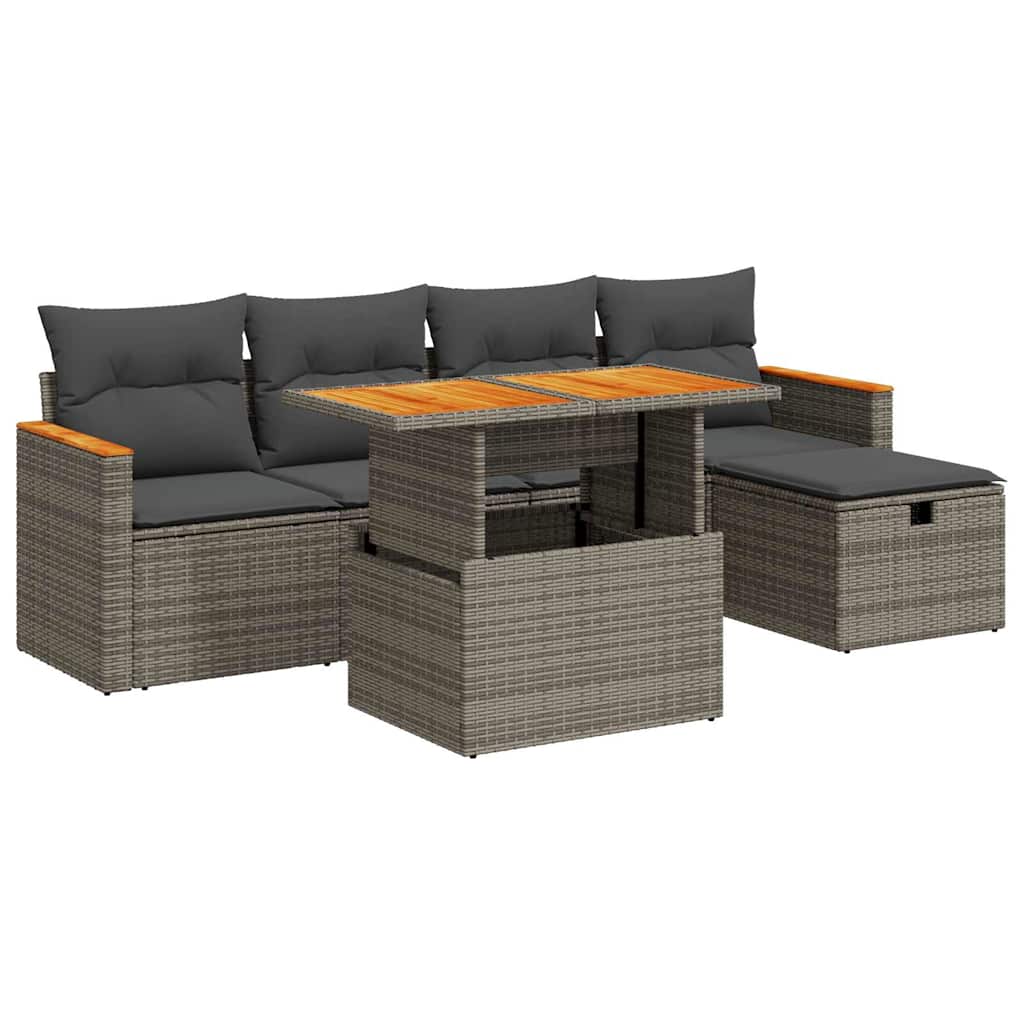 6-delige Loungeset met kussens poly rattan grijs