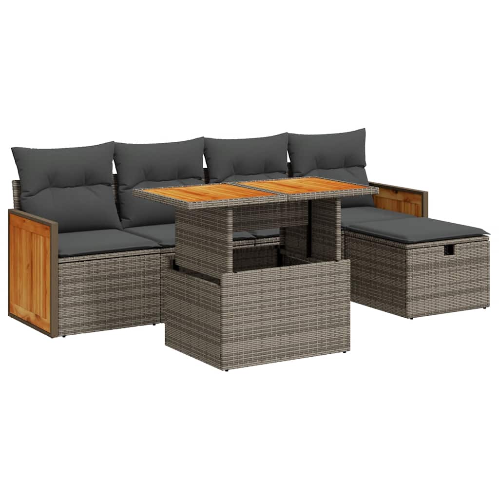 6-delige Loungeset met kussens poly rattan grijs